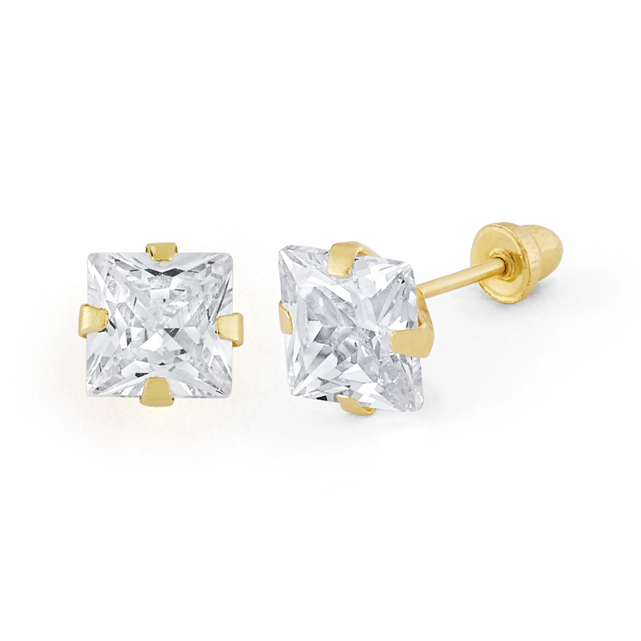 14K Gold Small Princess-Cut CZ Stud Earrings (136SB)