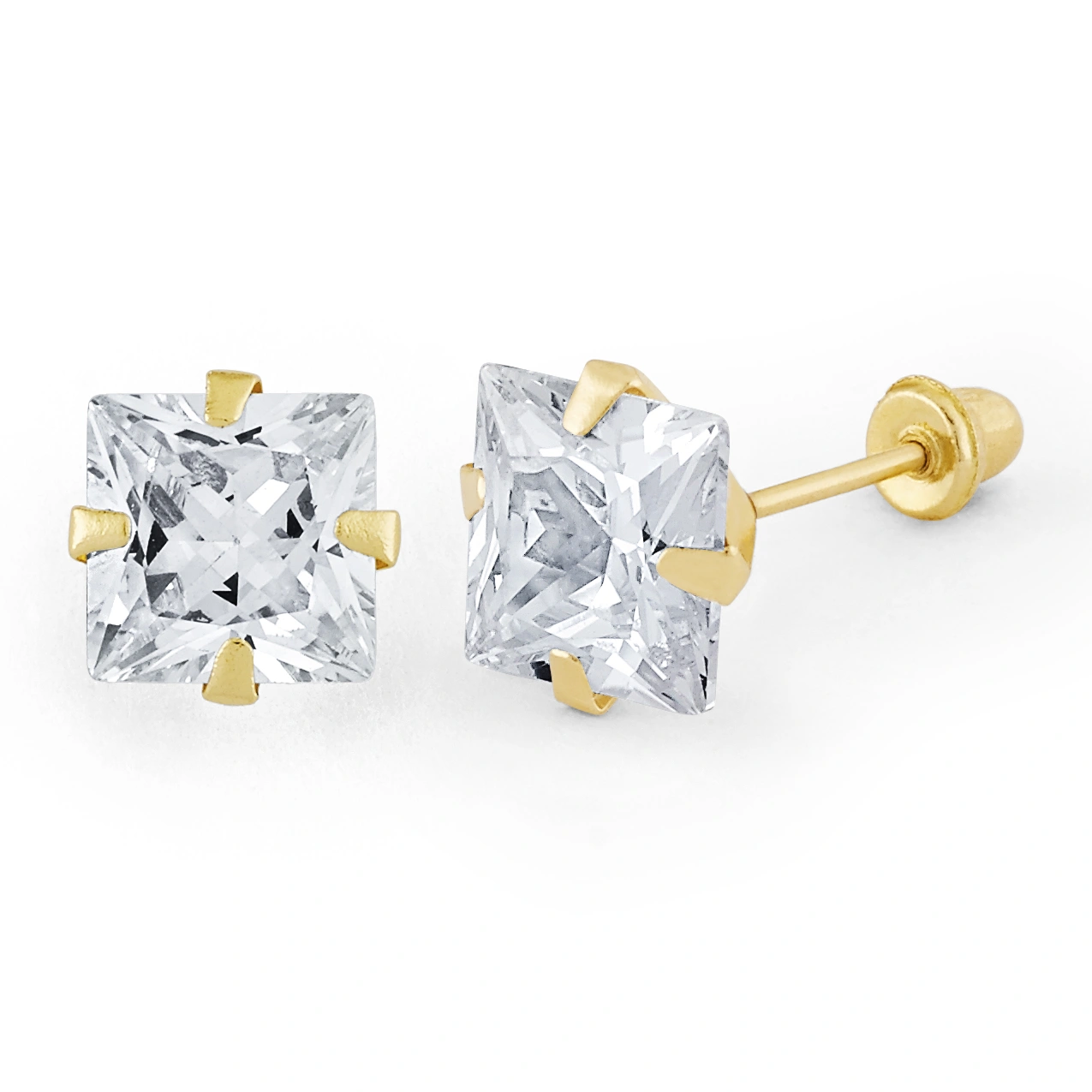 14K Gold Compact Princess-Cut CZ Stud Earrings (137SB)