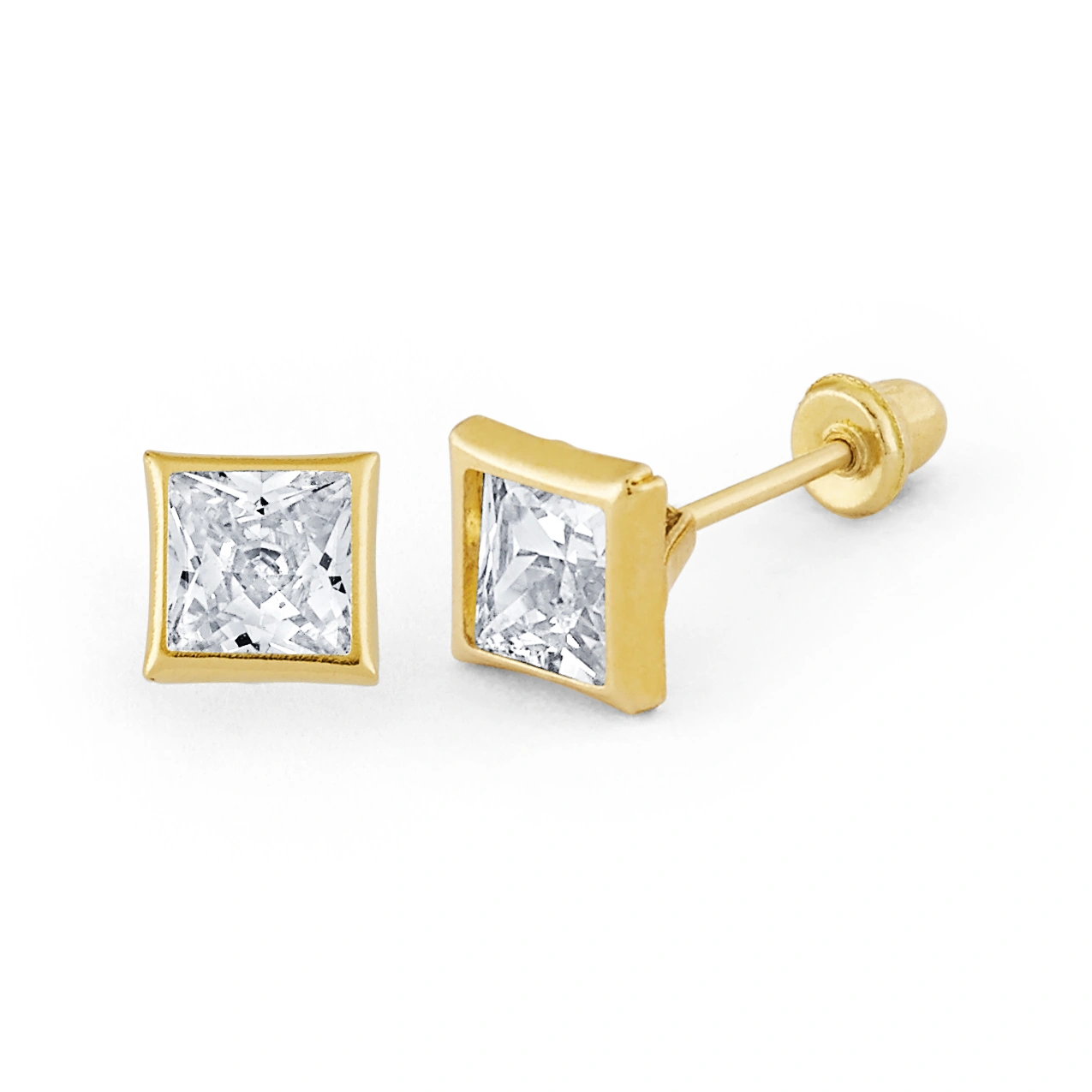 14K Gold Medium Princess-Cut Bezel CZ Stud Earrings (135BSB)