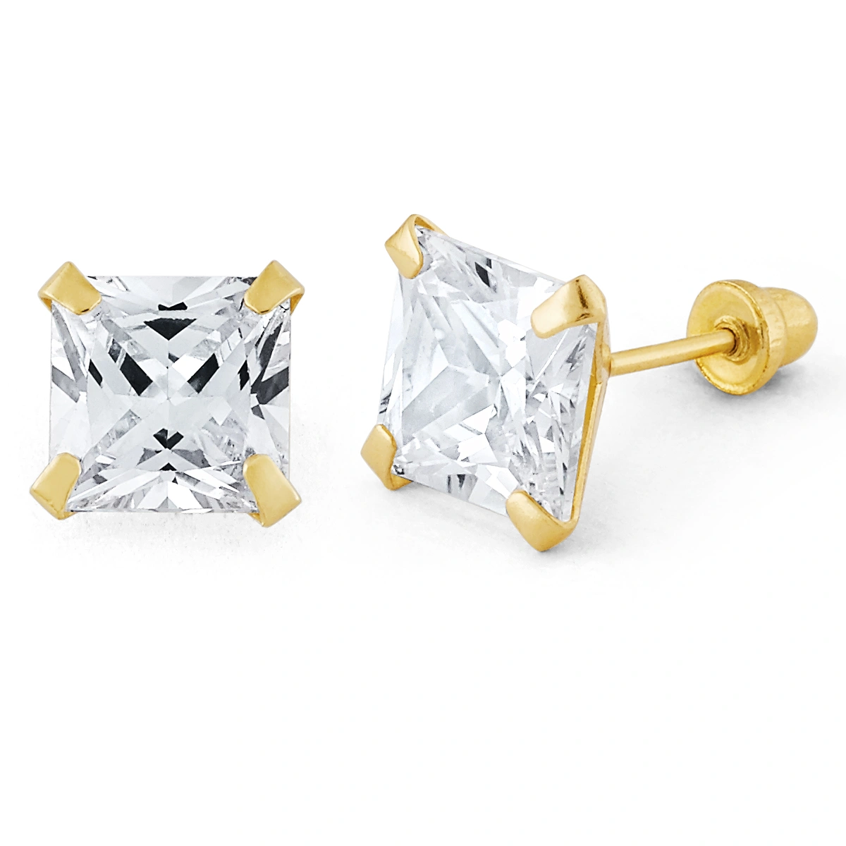 14K Gold Statement Princess-Cut CZ Stud Earrings (147SB)