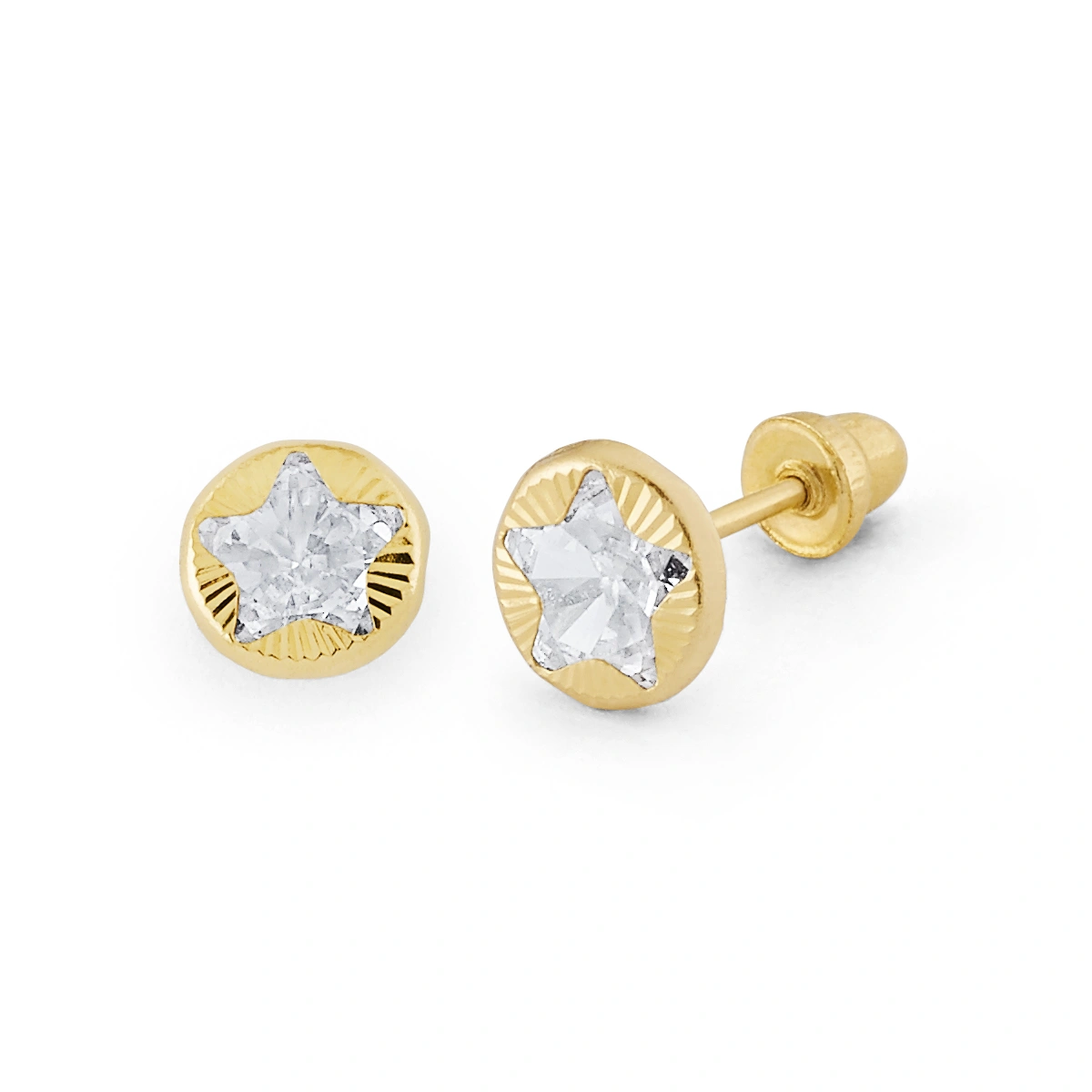 14K Gold Star CZ Textured Disc Stud Earrings (1803SB)