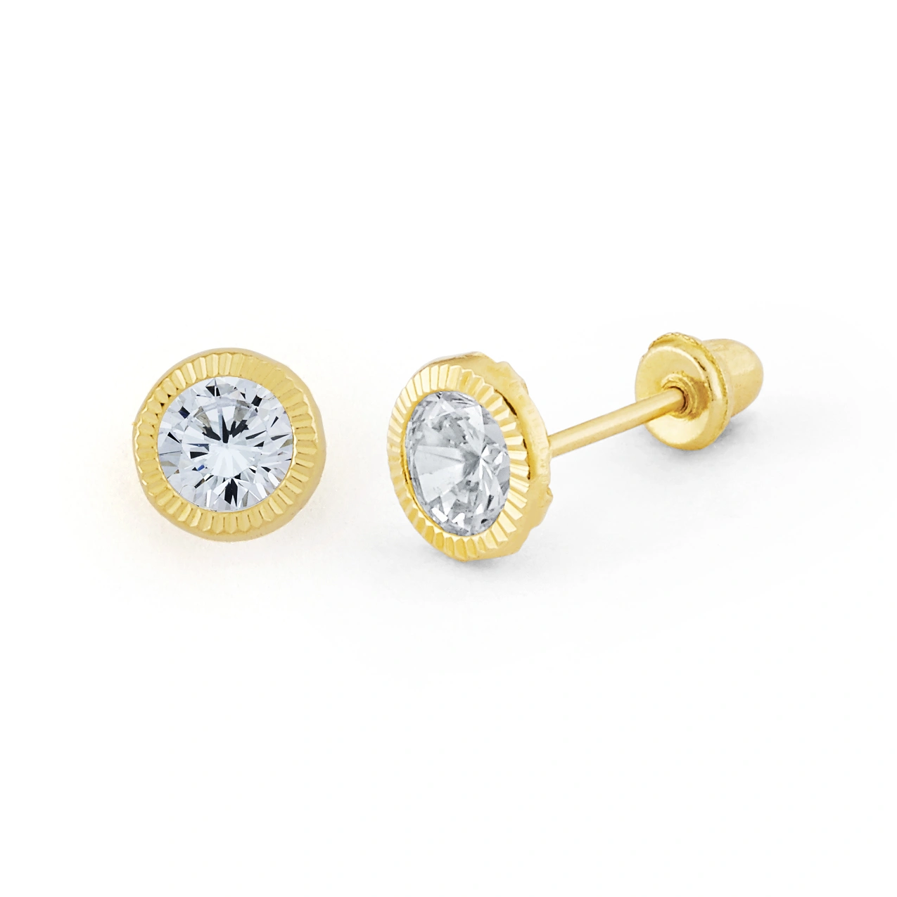 14K Gold Medium Round CZ Textured-Bezel Stud Earrings (1462MSB)