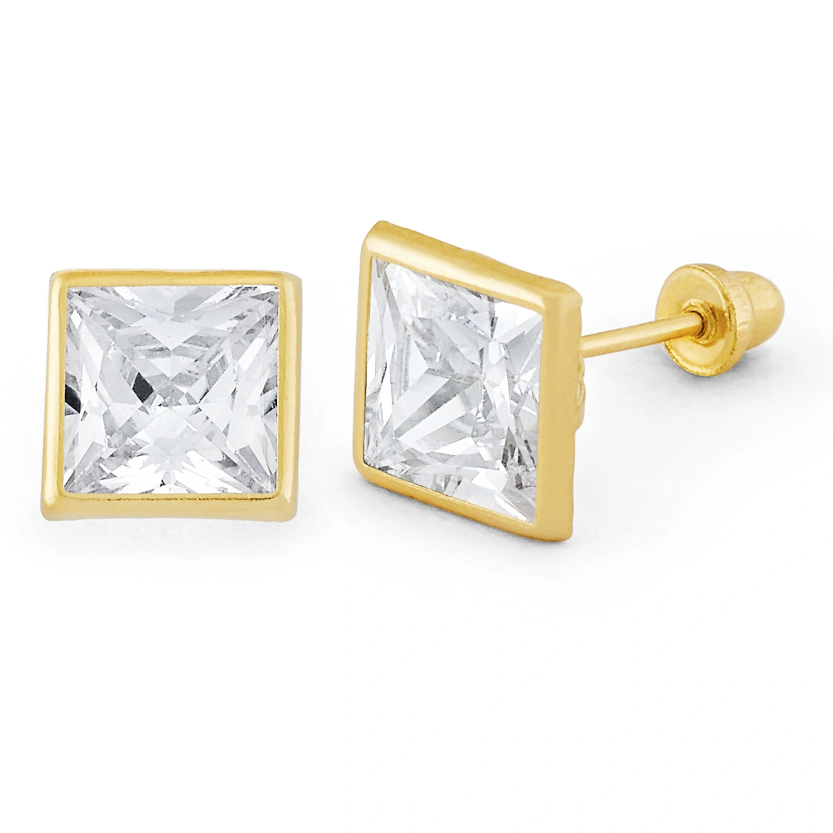 14K Gold Statement Princess-Cut Bezel CZ Stud Earrings (137BSB)