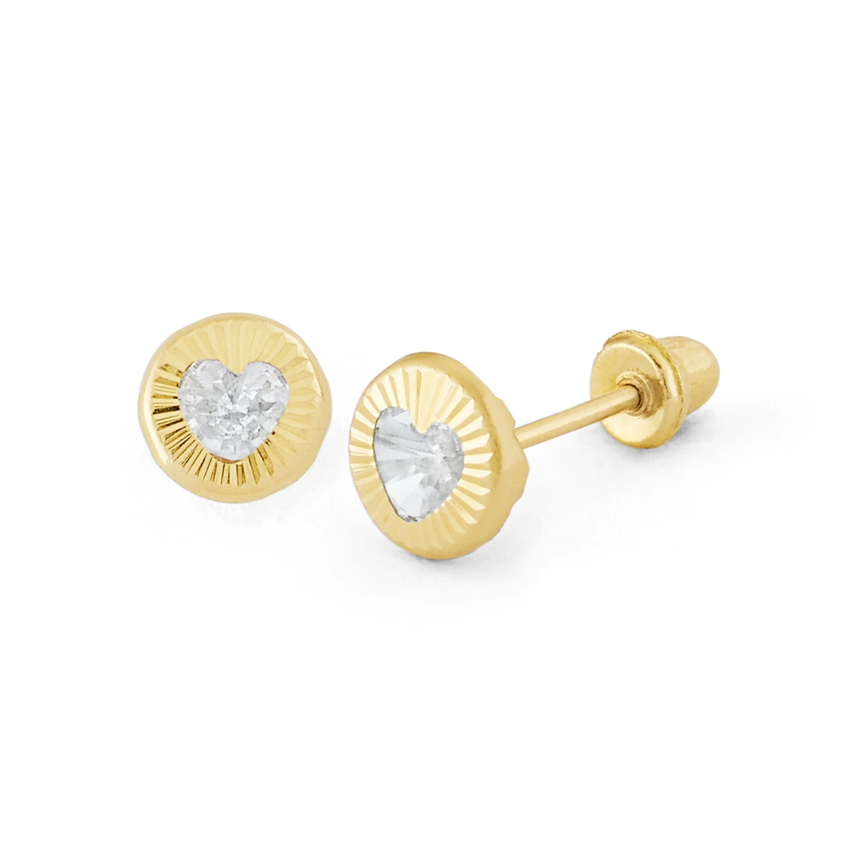 14K Gold Heart CZ Textured Disc Stud Earrings (1459SB)