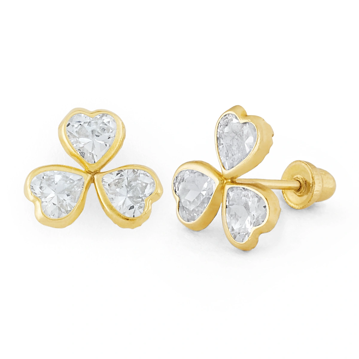 14K Gold Micro Three-Heart CZ Clover Stud Earrings (344LSB)