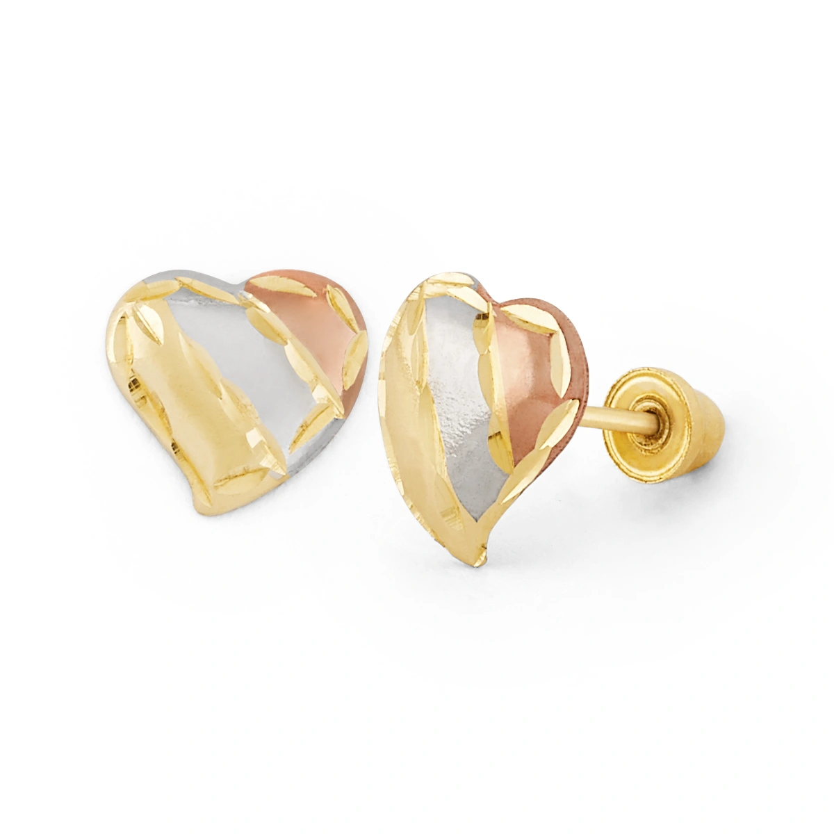 14K Gold Tri-Color Heart Stud Earrings (1981SB3C)