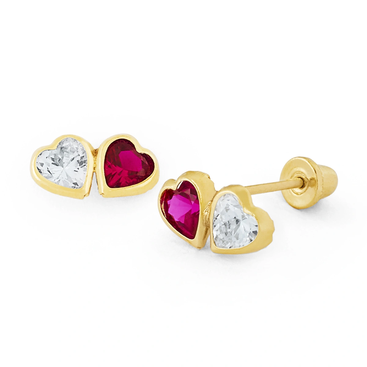 14K Gold Red and Clear CZ Double-Heart Stud Earrings (1258SB)