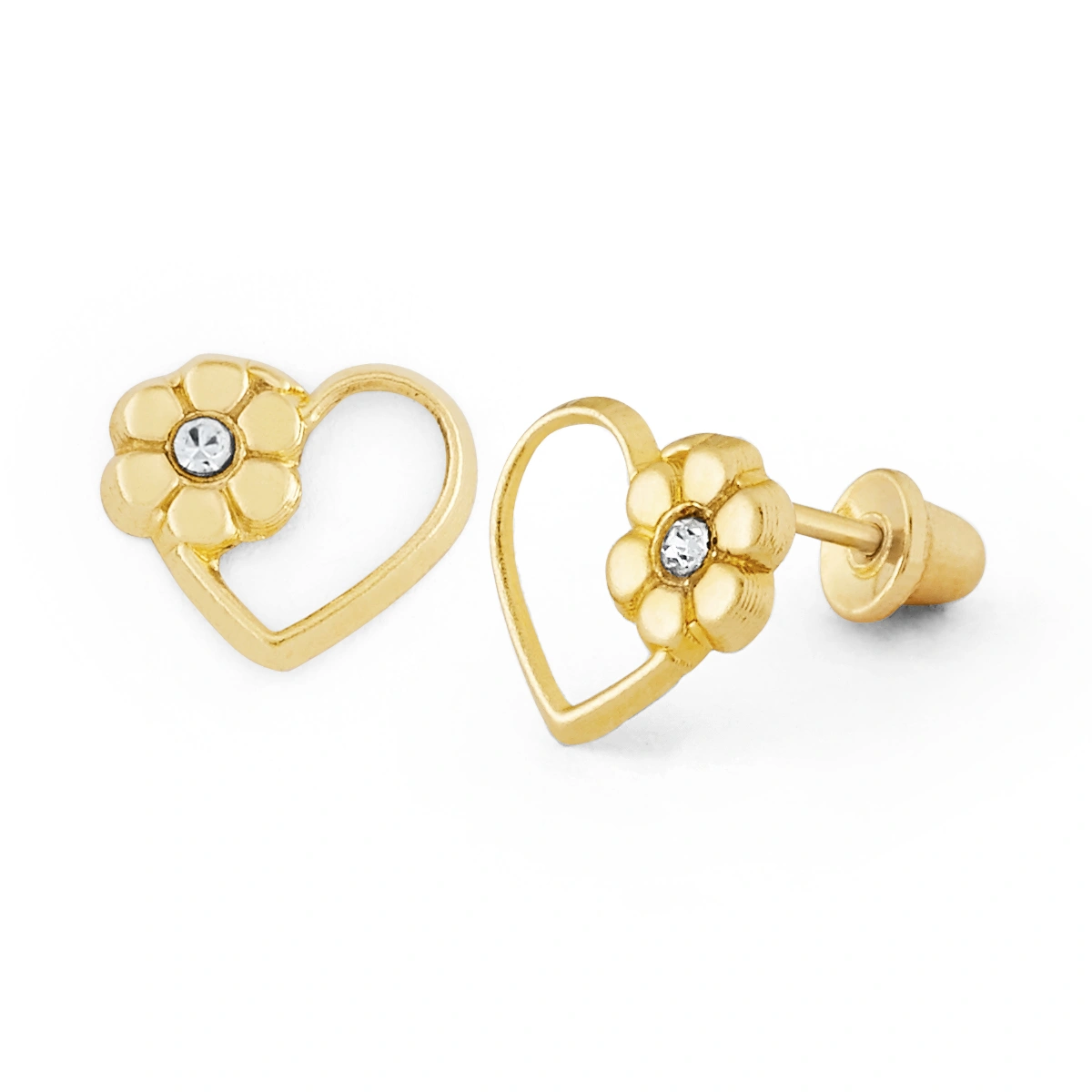 14K Gold Heart and Flower CZ Stud Earrings (1666SB)