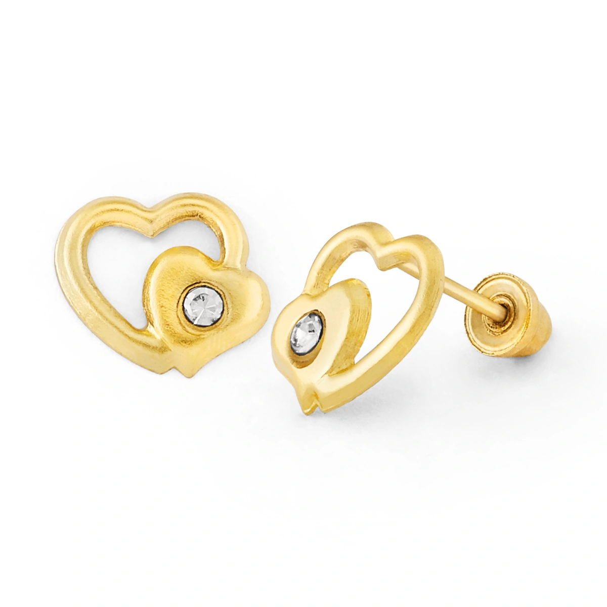 14K Gold Double-Heart CZ Stud Earrings (1813SB)