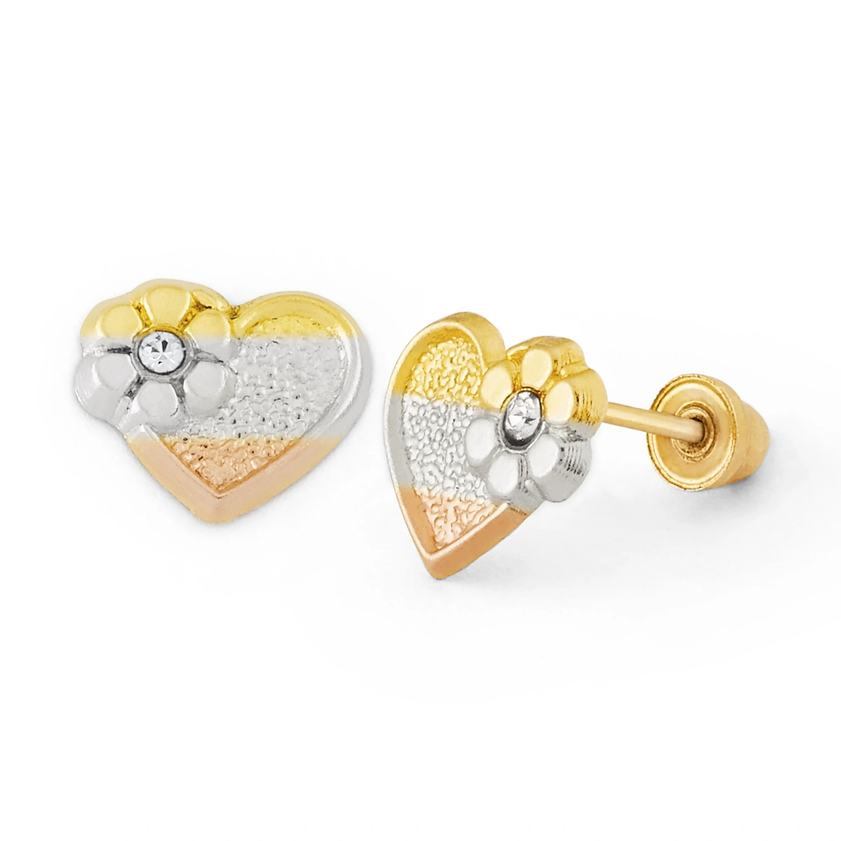 14K Gold Tri-Color Heart and Flower Stud Earrings (1601SB3C)