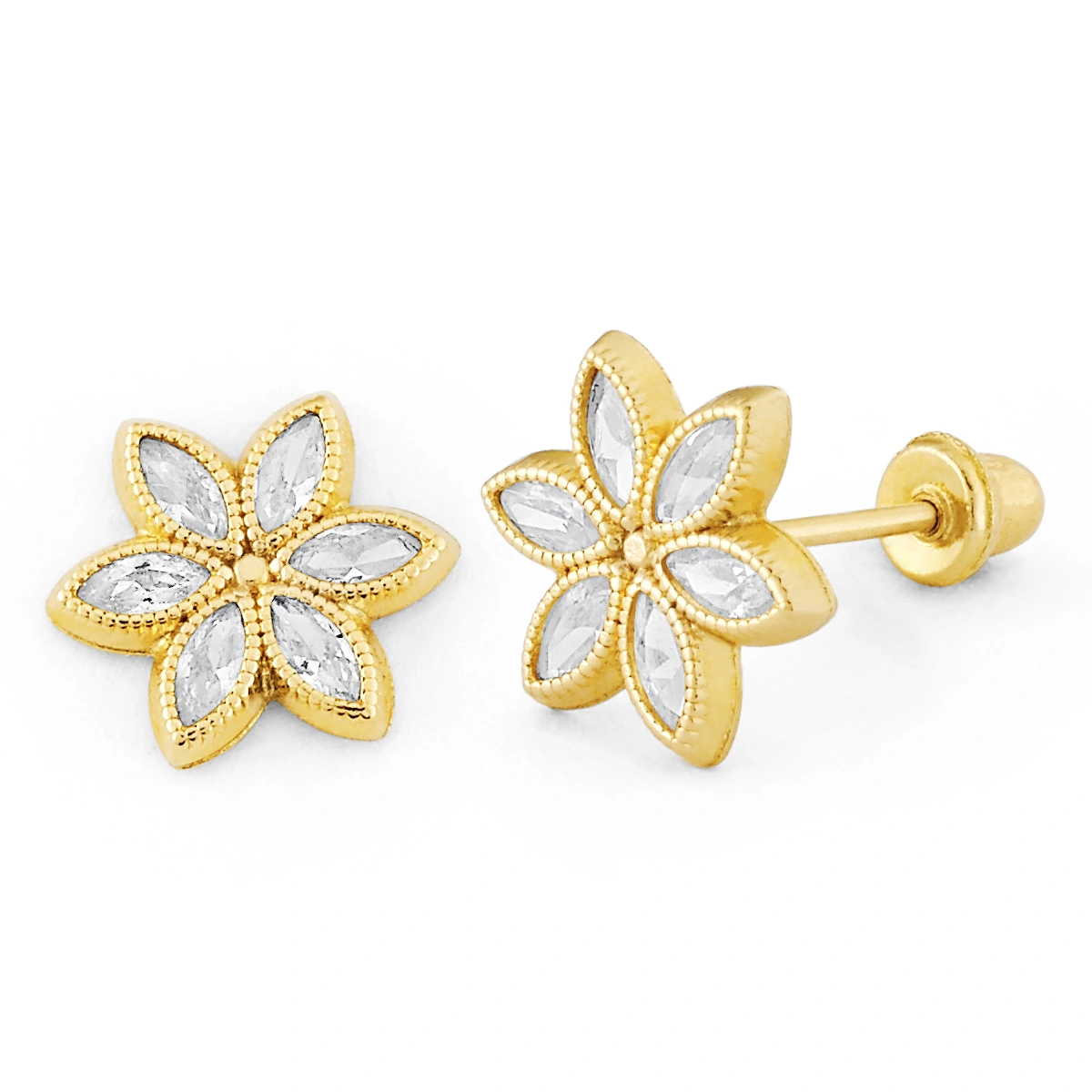 14K Gold Marquise CZ Flower Stud Earrings (2000SB)