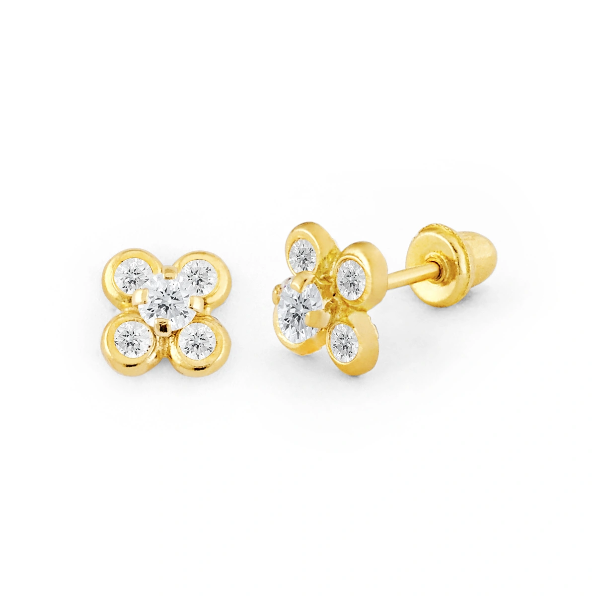 14K Gold Four-Petal CZ Flower Stud Earrings (997SB)