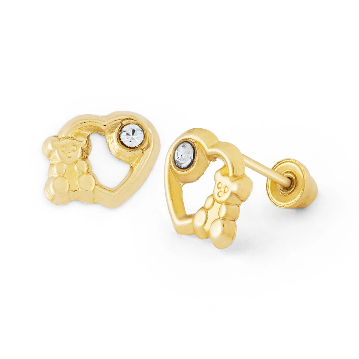 14K Gold Teddy Bear Heart CZ Stud Earrings (1665SB)