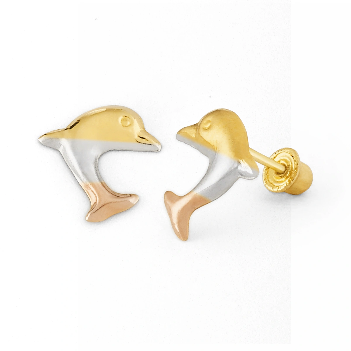 14K Gold Tri-Color Dolphin Stud Earrings (1027SB3C)