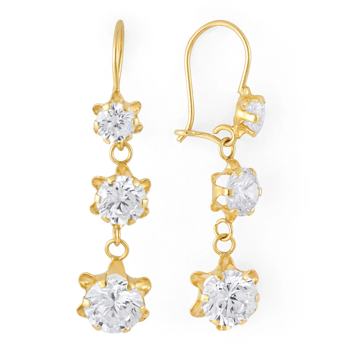 14K Gold Micro Triple Round CZ Drop Wire Earrings (847LWB)