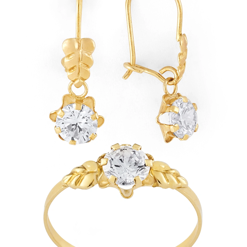14K Gold Micro Round CZ Earrings and Ring Set (1541WBSET)