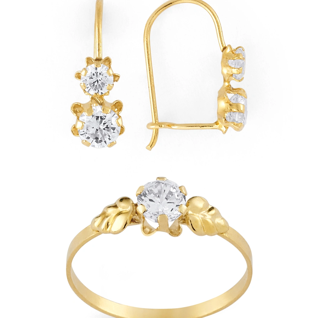 14K Gold Medium Round CZ Earrings and Ring Set (1542WBSET)