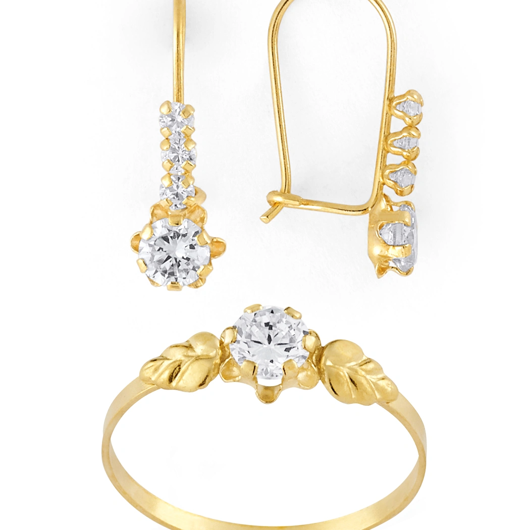 14K Gold Statement Round CZ Earrings and Ring Set (1547WBSET)