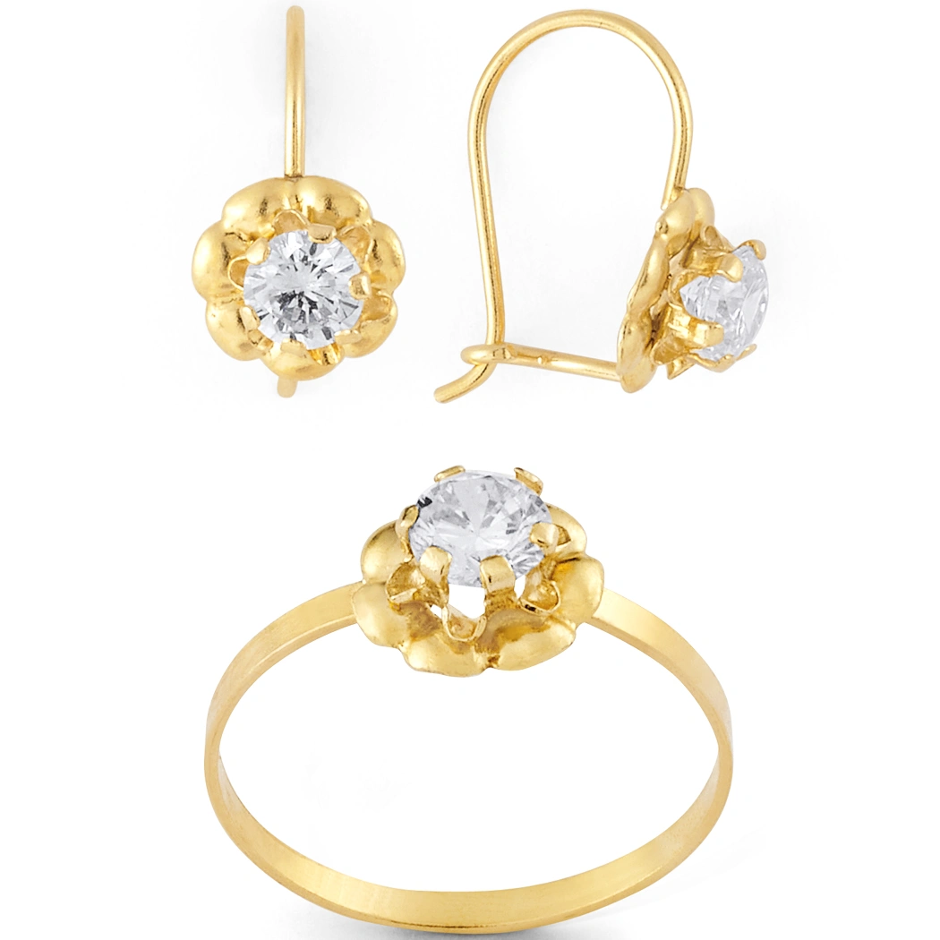 14K Gold Round CZ Flower Earrings and Ring Set (1560WBSET)