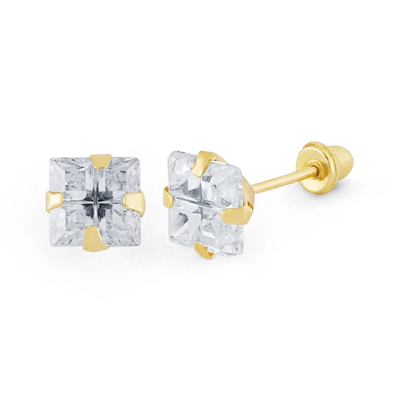 14K Gold Classic Princess-Cut CZ Stud Earrings (1430LSB)