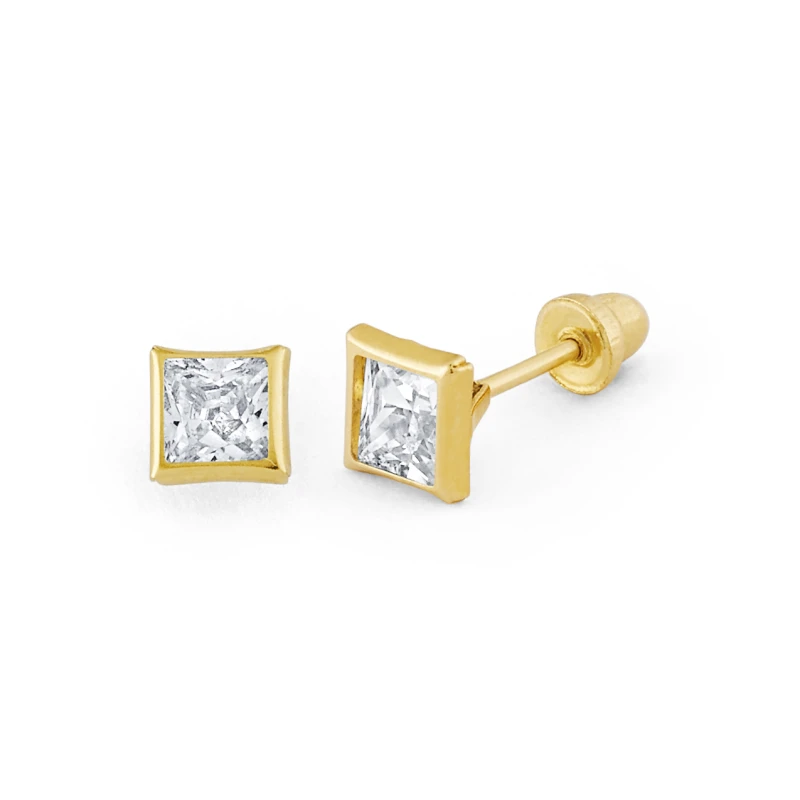 14K Gold Small Princess-Cut Bezel CZ Stud Earrings (134BSB)