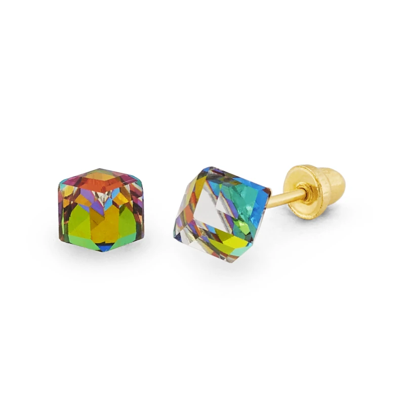 14K Gold Statement Rainbow Cube CZ Stud Earrings (1179SSB)