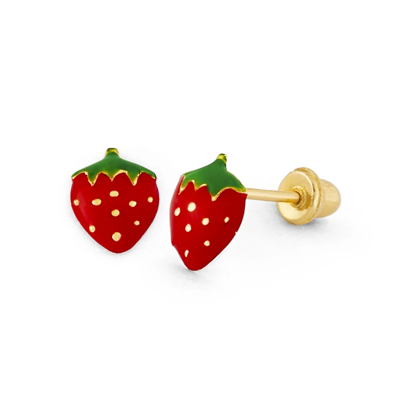 14K Gold Red Enamel Strawberry Stud Earrings (1483SB)