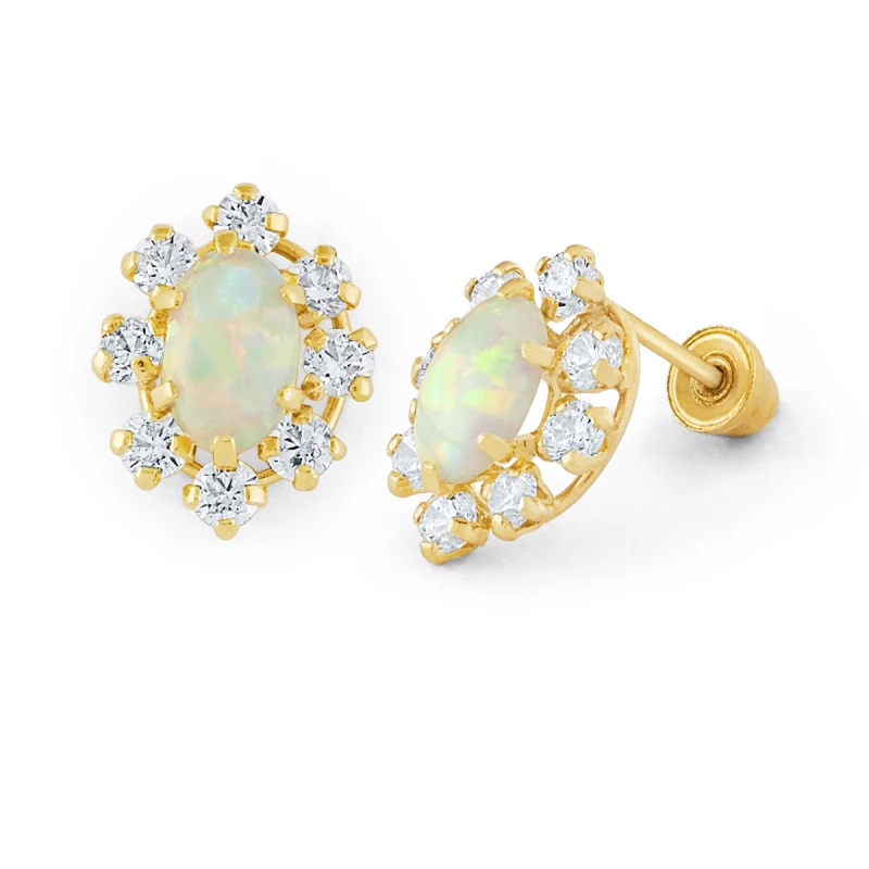 14K Gold Opal and CZ Halo Stud Earrings (1913SB)