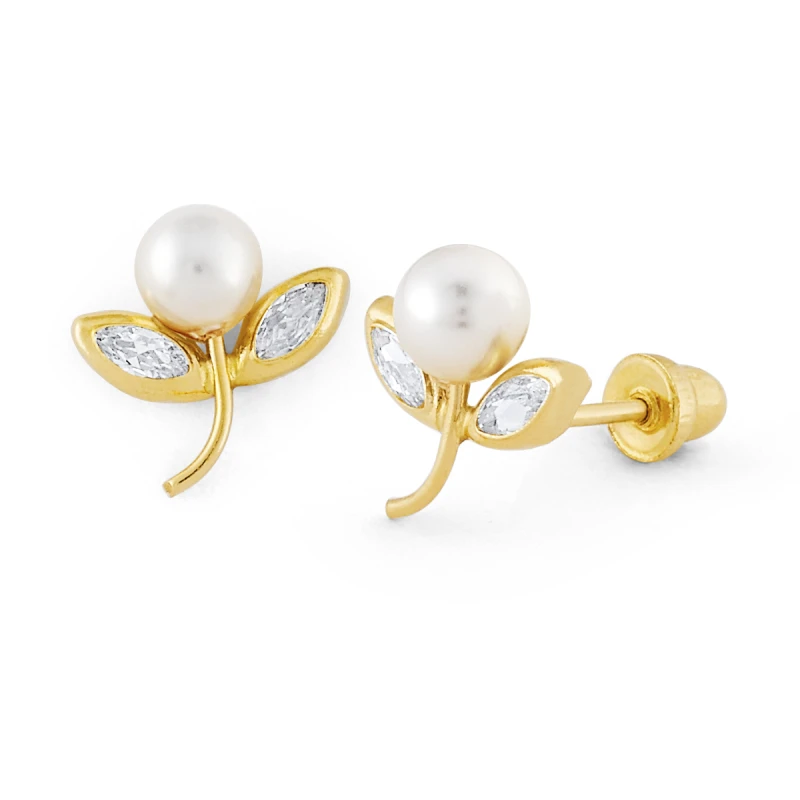 14K Gold Pearl and CZ Dragonfly Stud Earrings (502SB)