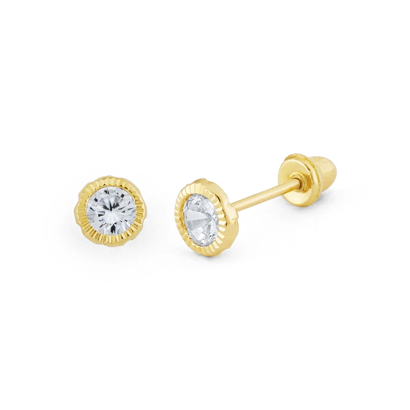 14K Gold Statement Round CZ Textured-Bezel Stud Earrings (1462SSB)