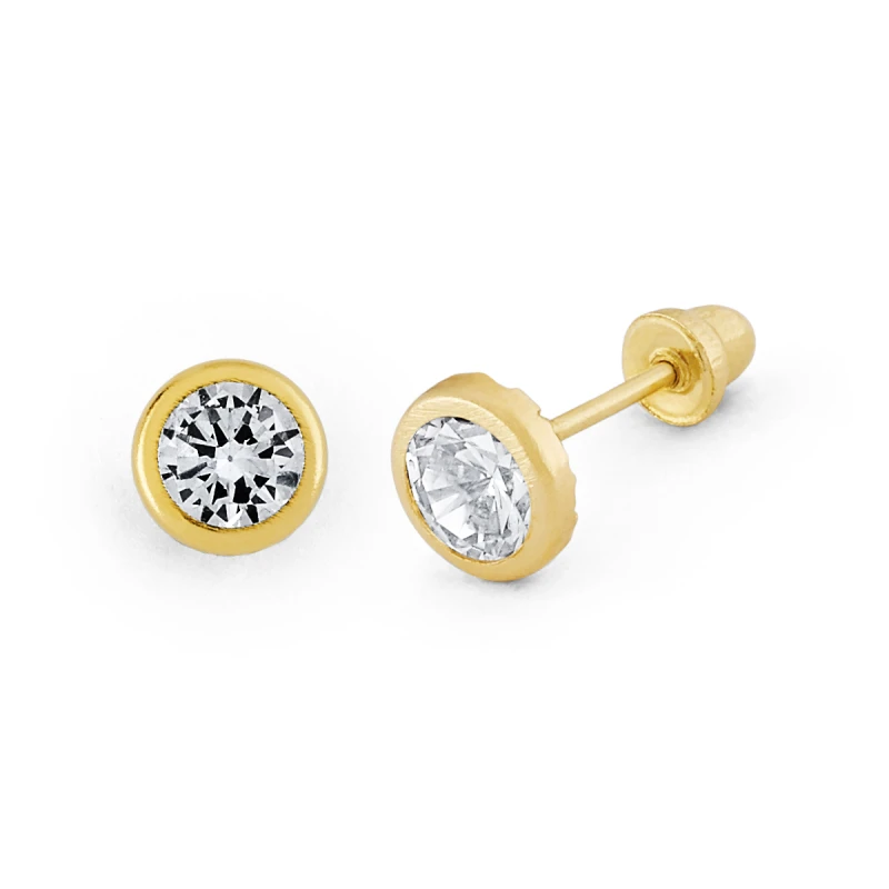 14K Gold Medium Round Bezel CZ Stud Earrings (105BSB)