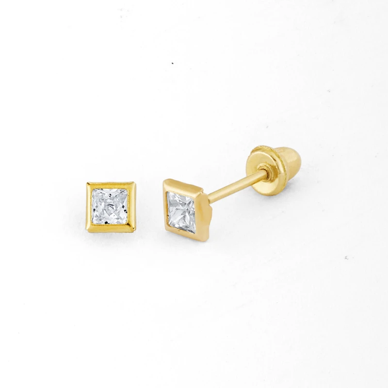 14K Gold Micro Princess-Cut Bezel CZ Stud Earrings (133BSB)