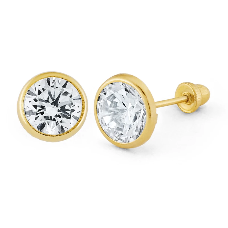 14K Gold Statement Round Bezel CZ Stud Earrings (107BSB)