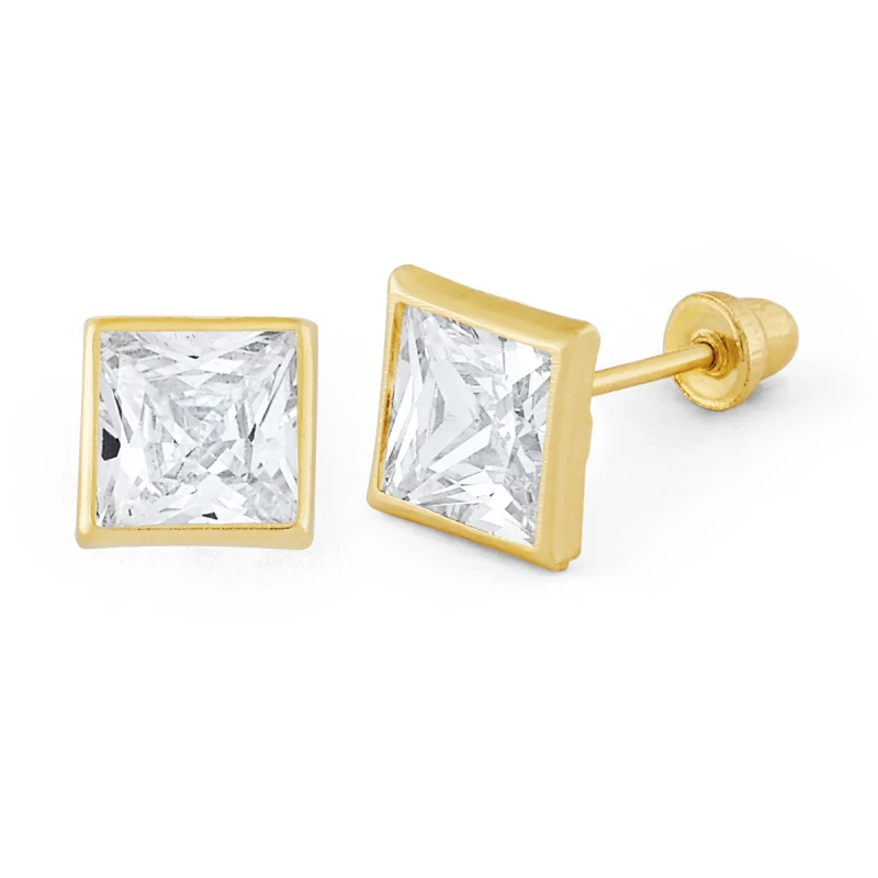 14K Gold Large Princess-Cut Bezel CZ Stud Earrings (136BSB)