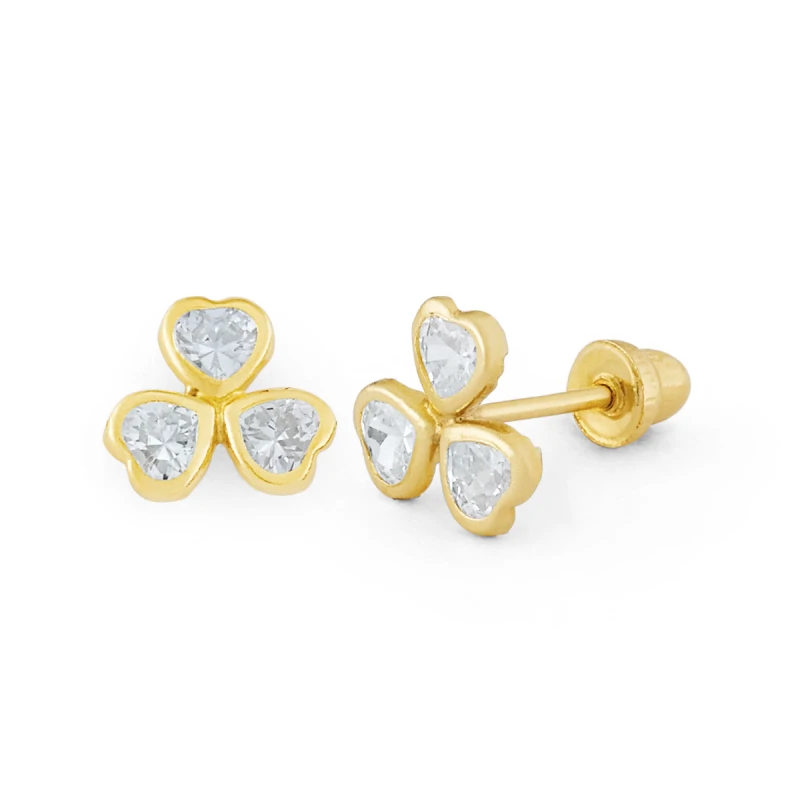 14K Gold Statement Three-Heart CZ Clover Stud Earrings (344SSB)