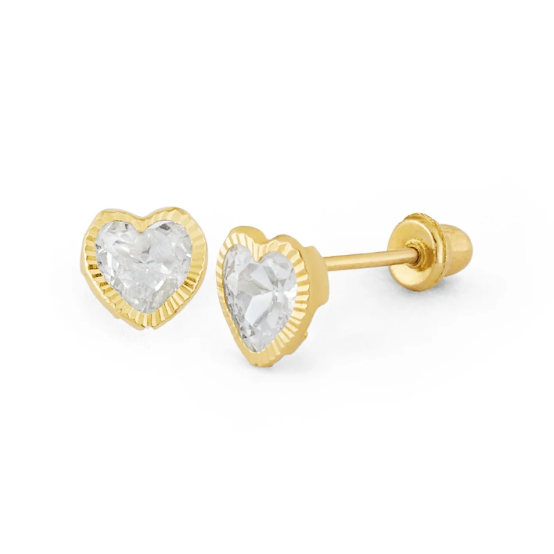 14K Gold Micro Heart CZ Textured-Bezel Stud Earrings (1557MSB)