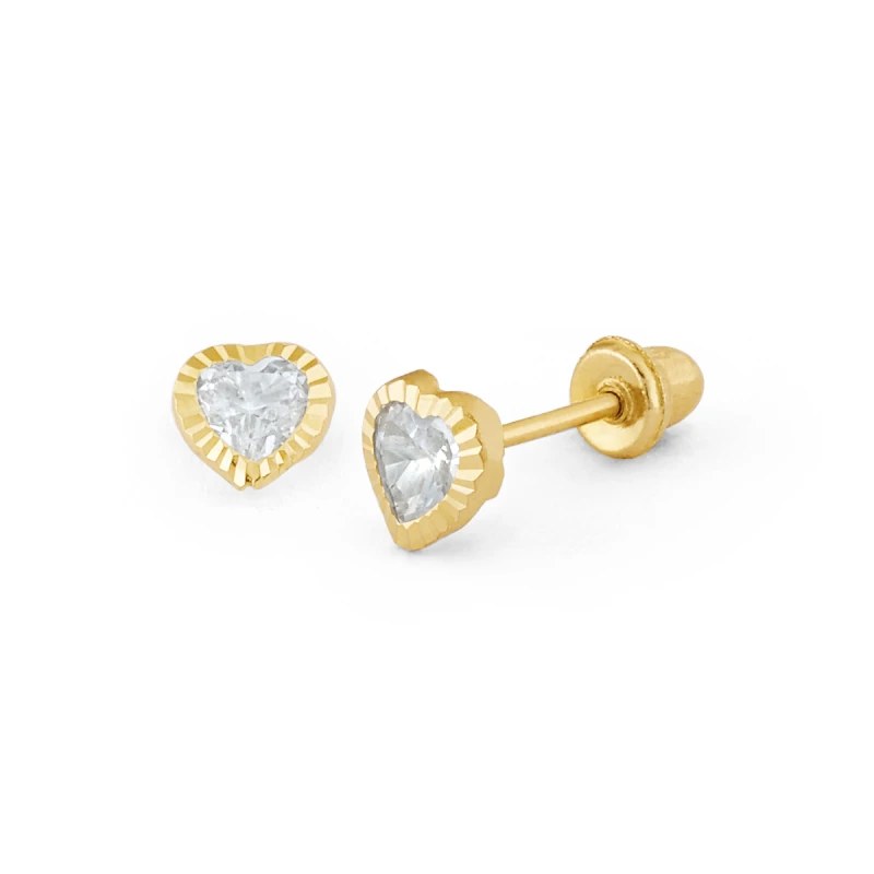 14K Gold Medium Heart CZ Textured-Bezel Stud Earrings (1557SSB)