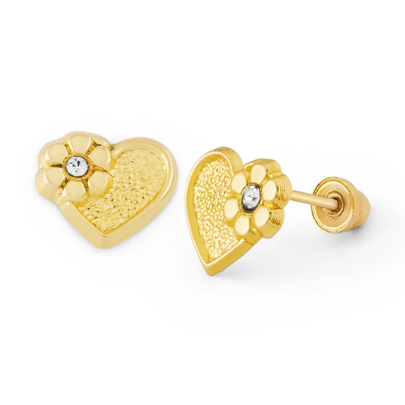 14K Gold Heart and Flower Stud Earrings (1601SB)