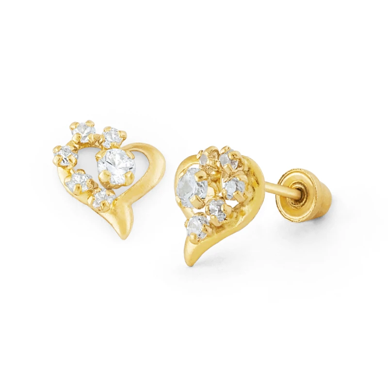14K Gold Open Heart and Flower CZ Stud Earrings (1667SB)
