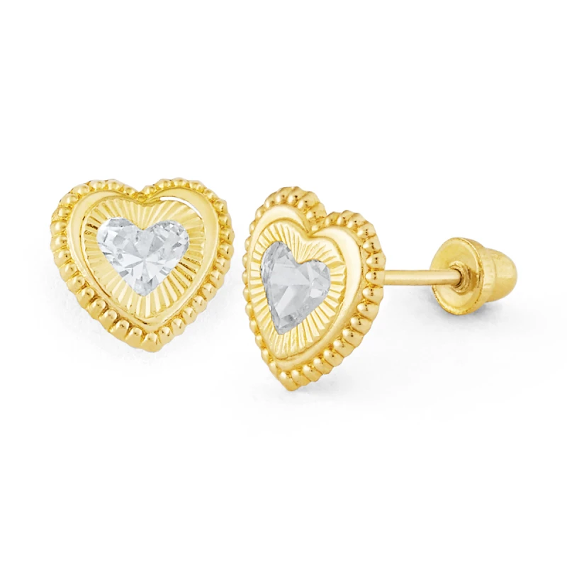 14K Gold Heart CZ Rope-Frame Stud Earrings (1814SB)