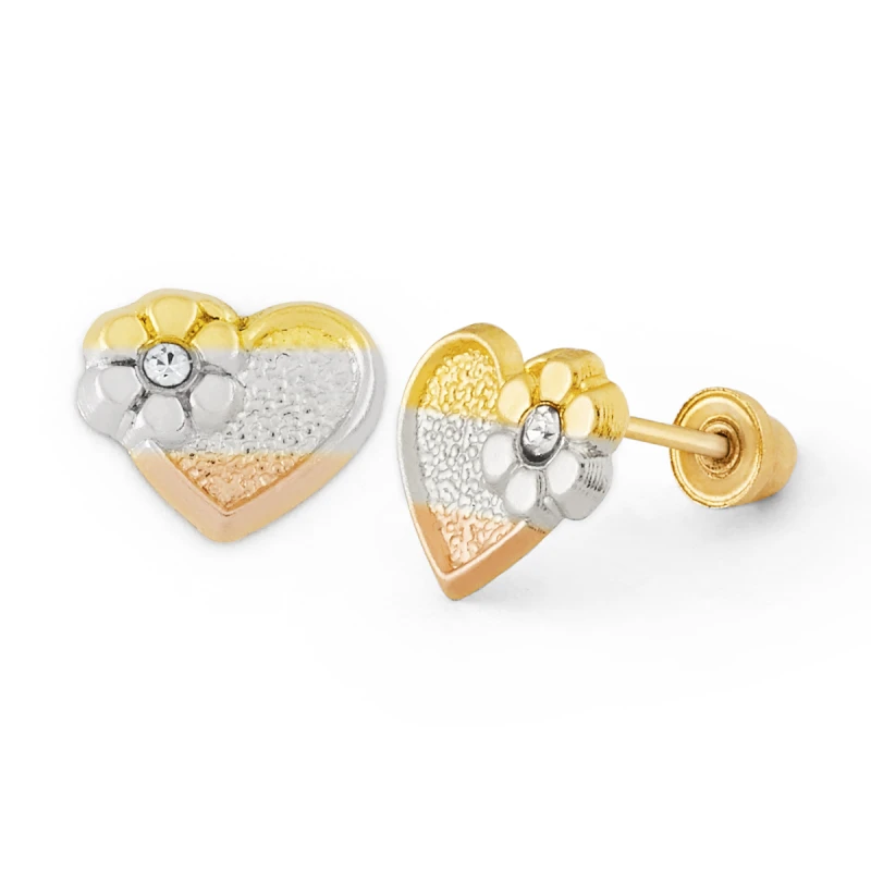 14K Gold Tri-Color Heart and Flower Stud Earrings (1601SB3C)