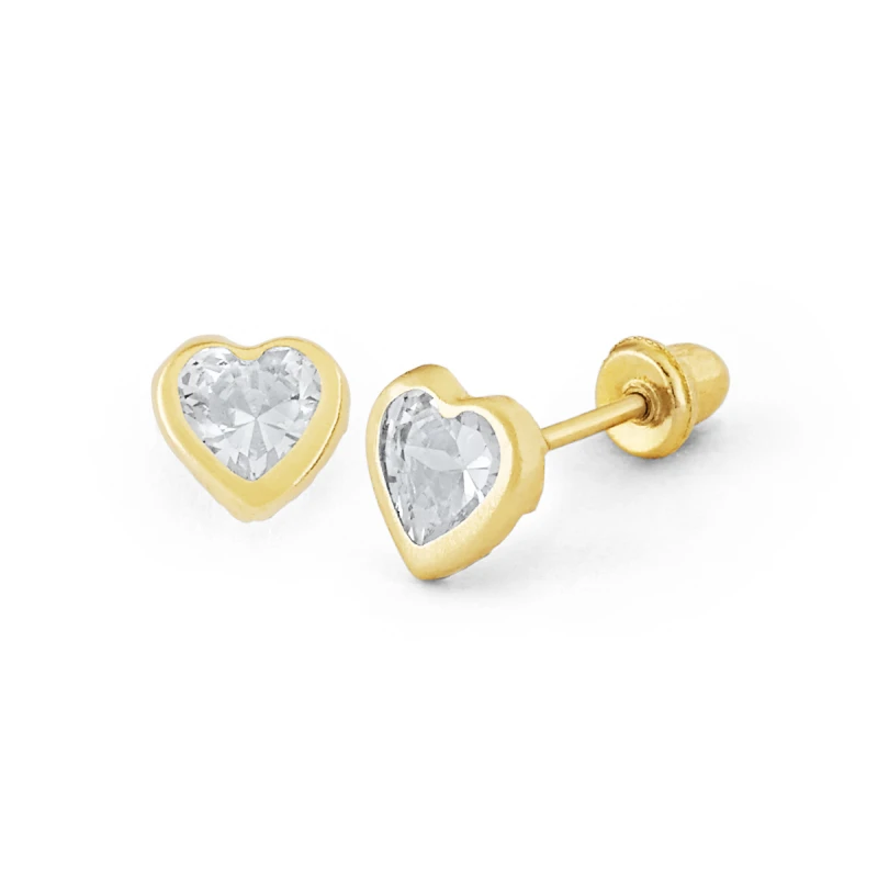 14K Gold Medium Heart-Cut Bezel CZ Stud Earrings (165BSB)