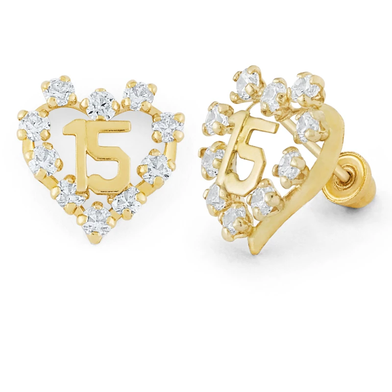 14K Gold Quinceanera 15 Heart CZ Stud Earrings (1909SB)