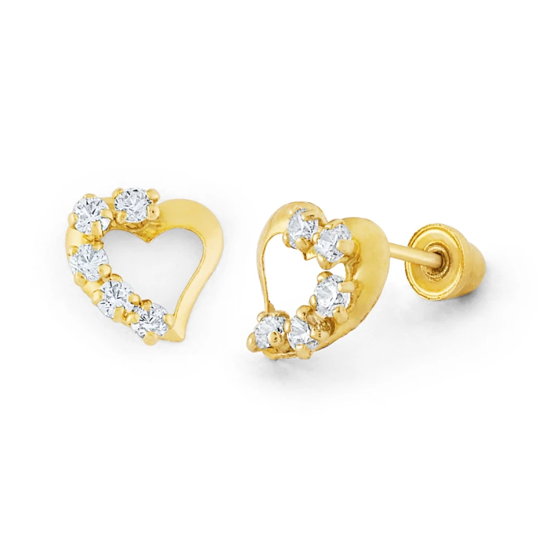14K Gold Asymmetrical Open Heart CZ Stud Earrings (1919SB)