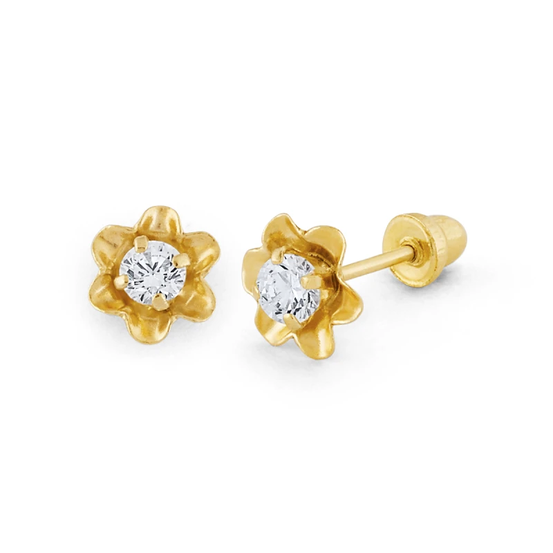 14K Gold Classic CZ Center Flower Stud Earrings (1692SB)