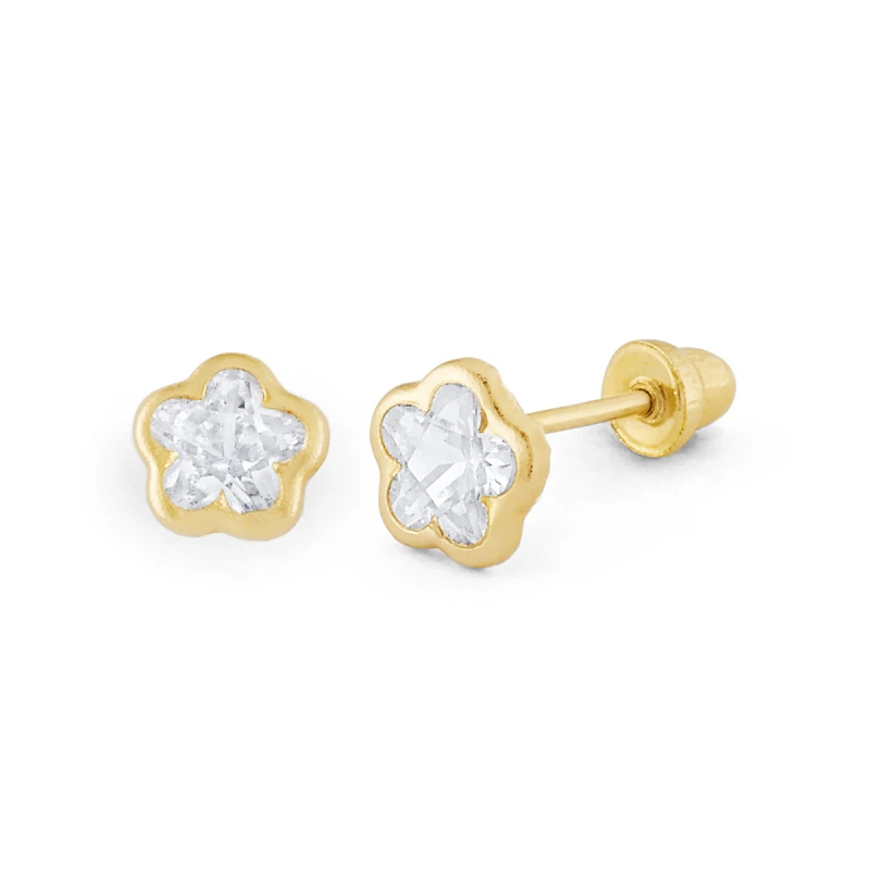 14K Gold Flower Bezel CZ Stud Earrings (1694SB)