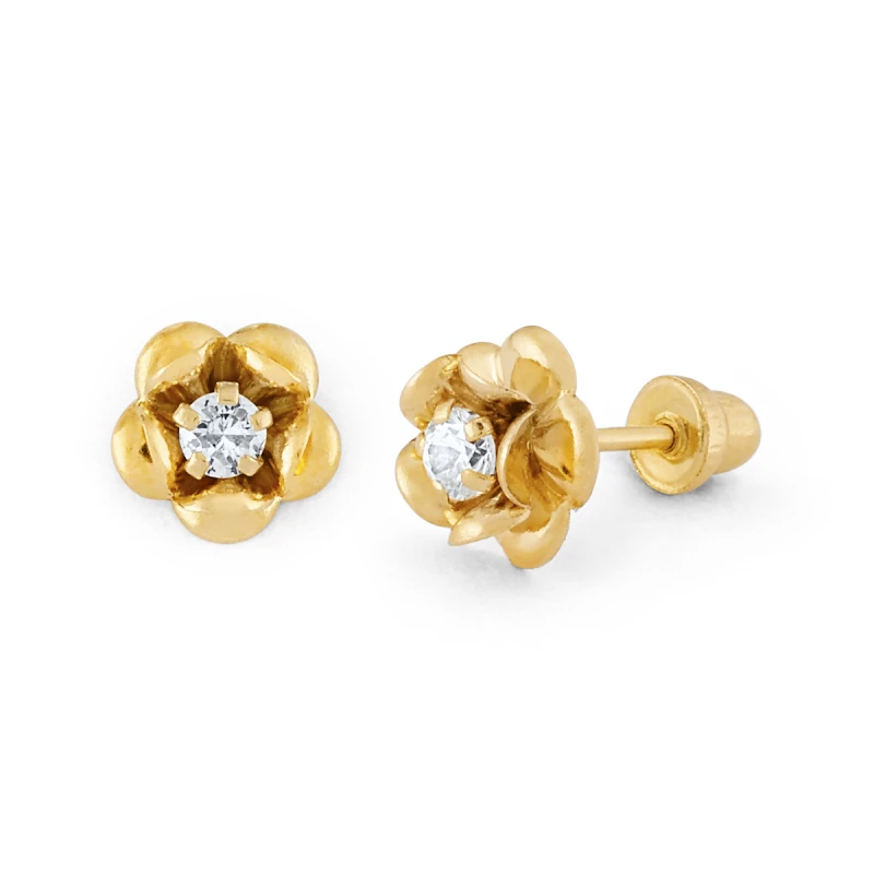 14K Gold Five-Petal CZ Flower Stud Earrings (1869SB)
