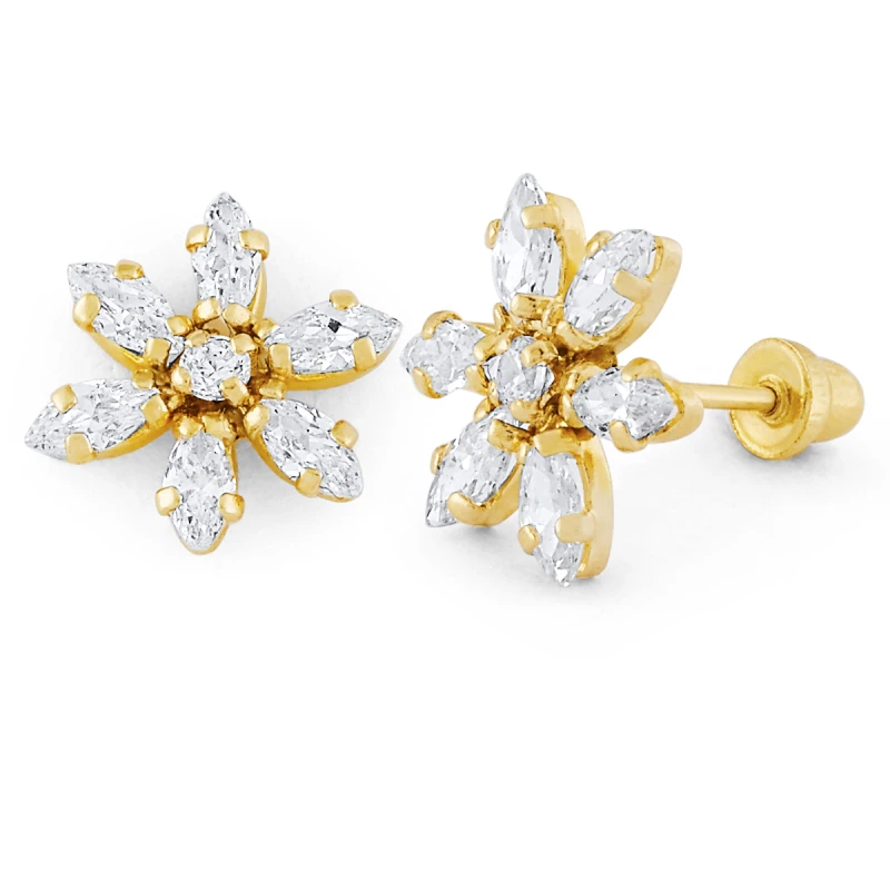 14K Gold Layered Marquise CZ Flower Stud Earrings (406SB)