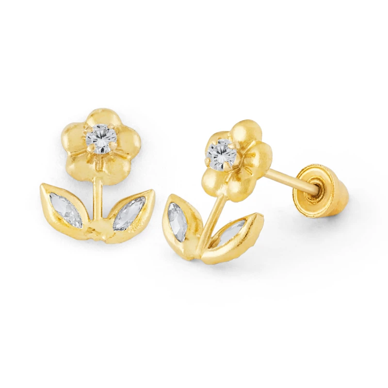 14K Gold Flower Stem CZ Stud Earrings (914SB)
