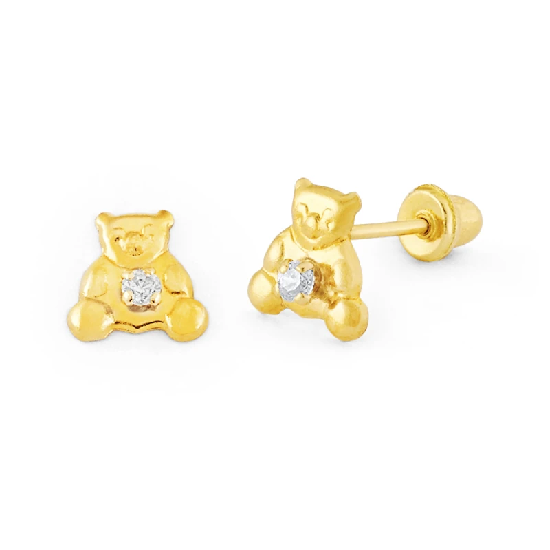 14K Gold Medium Teddy Bear CZ Stud Earrings (1048SSB)